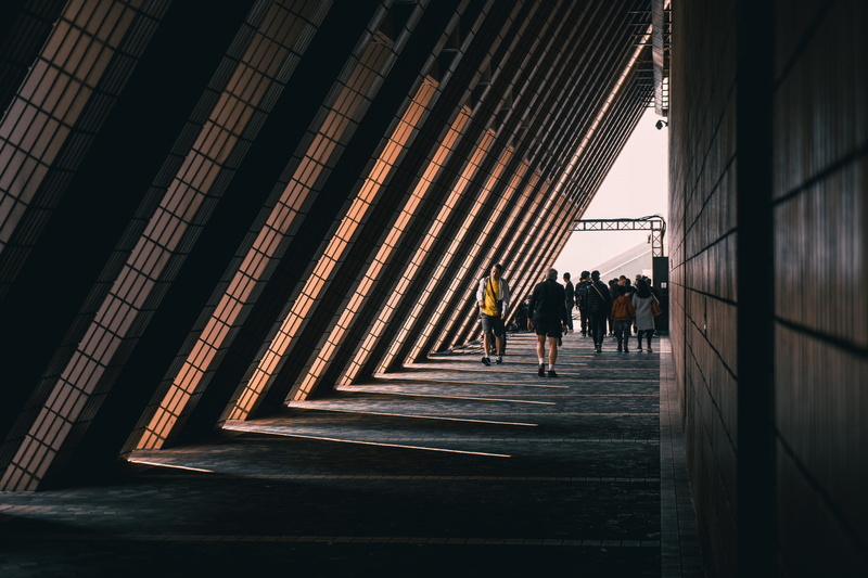 bridge, women, tunnel, built structure, corridor, building exterior, apparel, group, prison, men, day, banister, pedestrian, 5K, building, outdoors, boardwalk