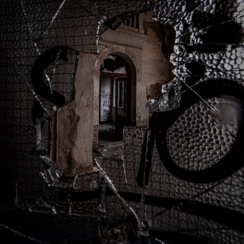 no people, ruins, built structure, tunnel, religion, 2K, high angle view, indoors, crypt, grey, handrail, hole, graffiti, bunker, brick wall, demolition