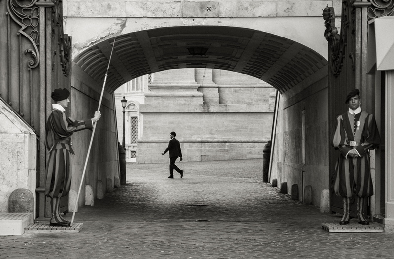 full length, leisure activity, outdoors, building exterior, group of people, architectural column, corridor, 4K, urban, two, person, guards, connection