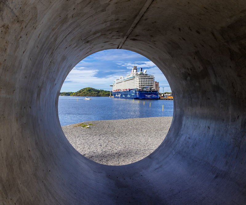 geometric shape, bunker, cruise ship, no people, hole, cylinder, path, sewer, vehicle, sea, outdoors, beach, porthole, boat, ship, shape, cloud - sky, travel destinations
