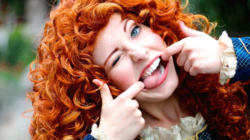 humor, long hair, wink, cosplay, one person, hairstyle, young adult, Brave, young women, adult, curly hair, headshot, redhead, dyed red hair, smiling, happiness