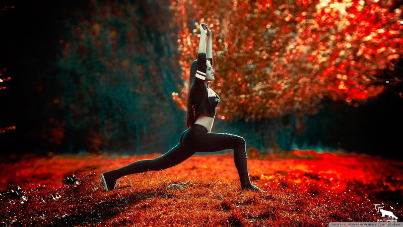 side view, clothing, autumn, nature, woman, tree, long, beautiful woman, land, brunette, 1080P, full length, young adult, sleeved, plant, top, sport, one person