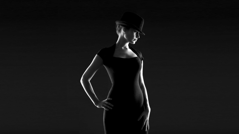 clothing, beauty, tight clothing, monochrome, adult, standing, cut out, model, dancing, hat, black dress, studio shot, contemplation, women, beautiful woman