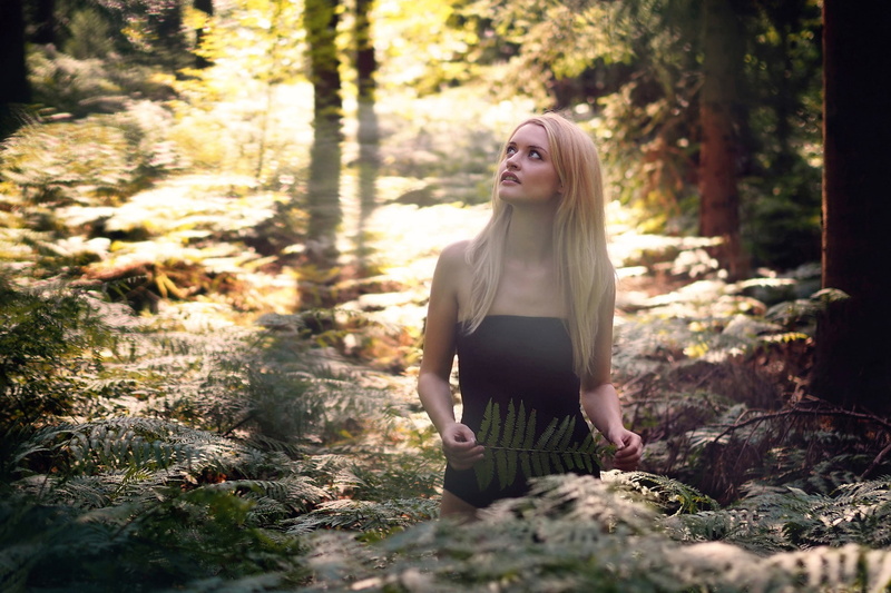 blonde, straight hair, women outdoors, trees, looking up, model, minidress, black dress, long hair, tight dress, nature, forest, women, 1080P