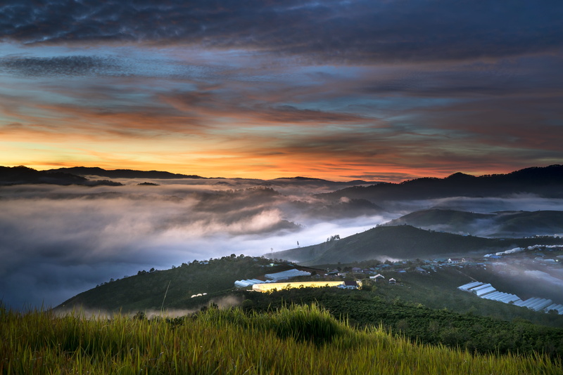 8K, mountain, growth, idyllic, outdoors, mountain range, view, fog, plant, clouds, no people, background, summer, field, backlit, photography