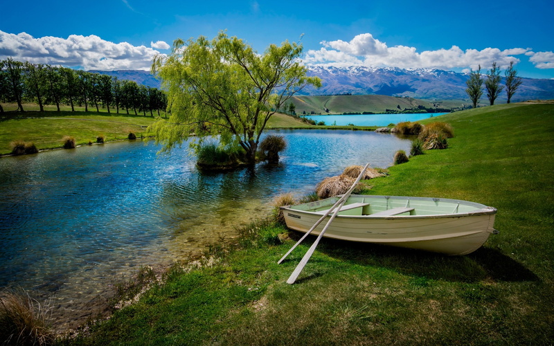 Boat, 2K, paddle, Mountains, Lake, punt, Trees, Clouds