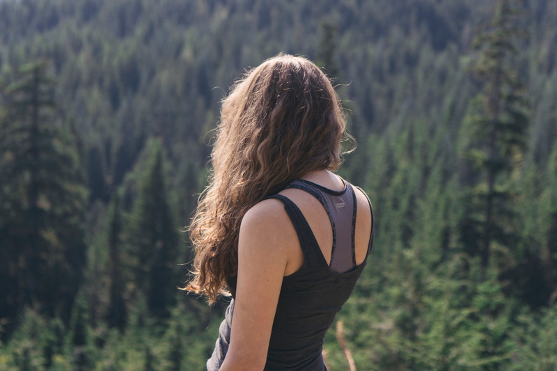 mountain, young adult, tree, time Of Day, black, outdoors, rear View, day, hiking, tanktop, nature, hairstyle, brown hair, females, adult, standing, woodland