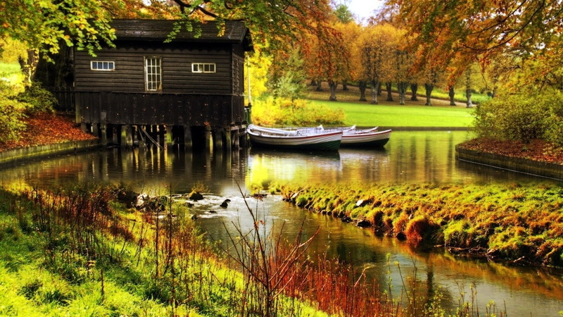 creeks, cottage, wood house, canal, boat, 720P, fall