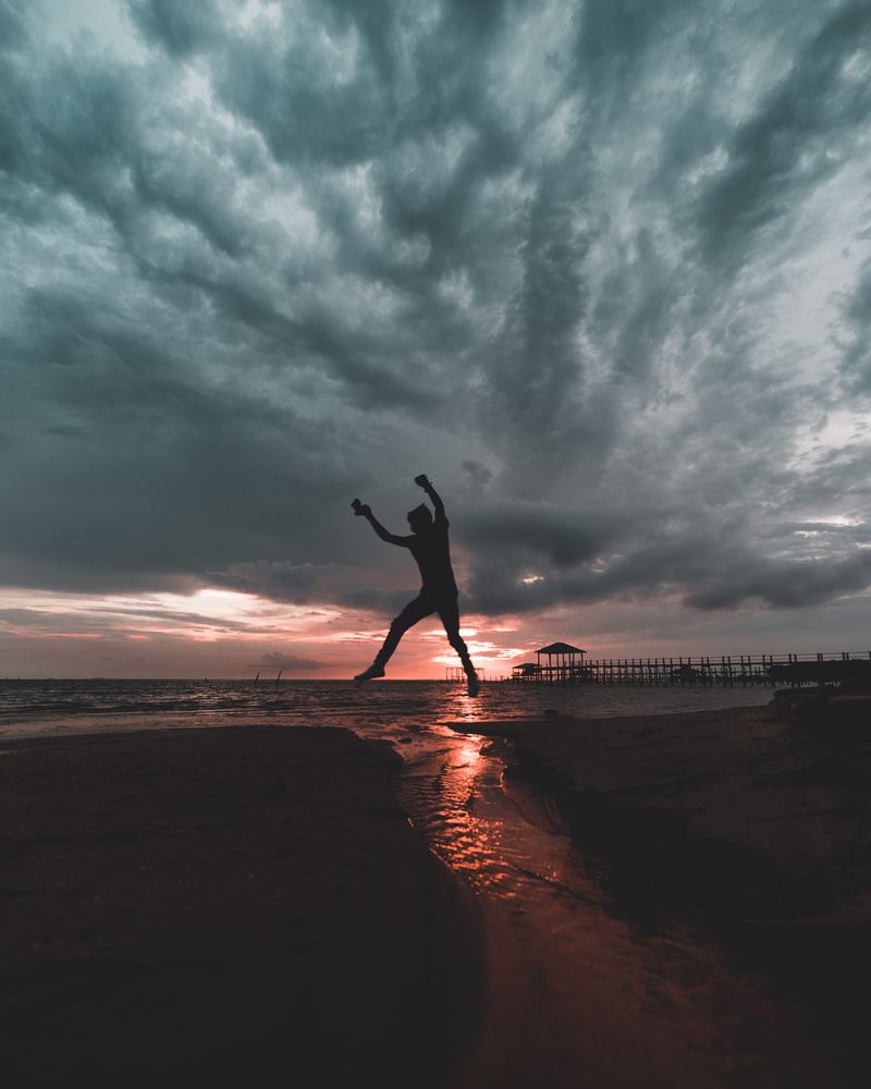 silhouette, beach, lifestyles, water, inspirational, outdoors, boy, one person, men, sea, sunset, nature, cloud - sky, jump, sibley street, sky, land, real people