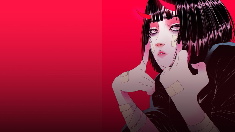 short hair, horns, women, drawn, black hair, digital art, demon horns, bob hairstyle, red, 1080P
