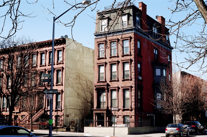 built structure, facade, tree, bright, architecture, day, brickwall, trees, town, perspective, nyc, new york, sidewalk, sunny, brooklyn, concrete, neighborhood