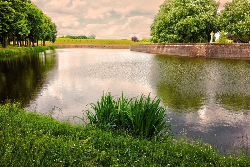nature, grass, tranquil scene, water, architecture, historical, cloud - sky, green color, moat, banks, day, sky, plant, tree, netherlands, europe, sixteenth century