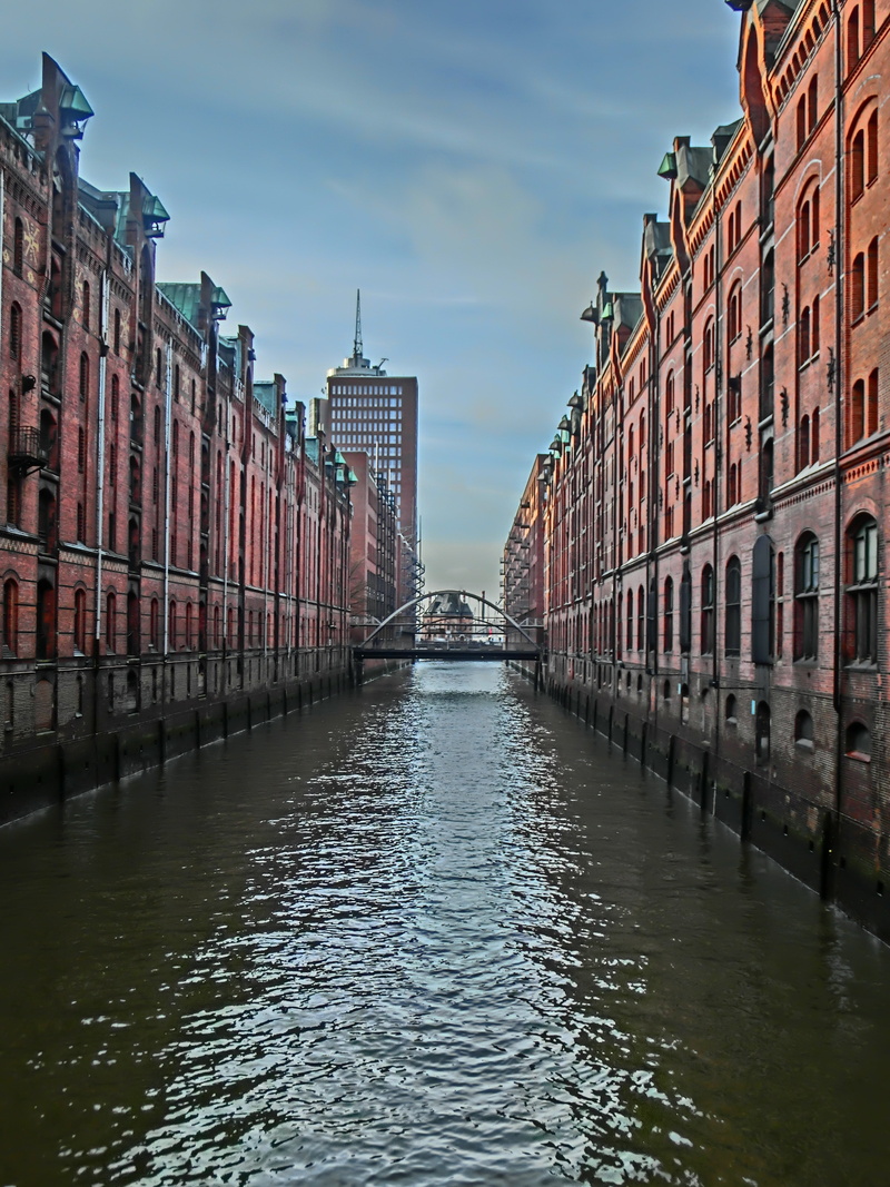 day, outdoors, hamburg, canal, residential district, building exterior, channel, cloud - sky, speicherstadt, warehouse, waterfront, nature, no people, bridge
