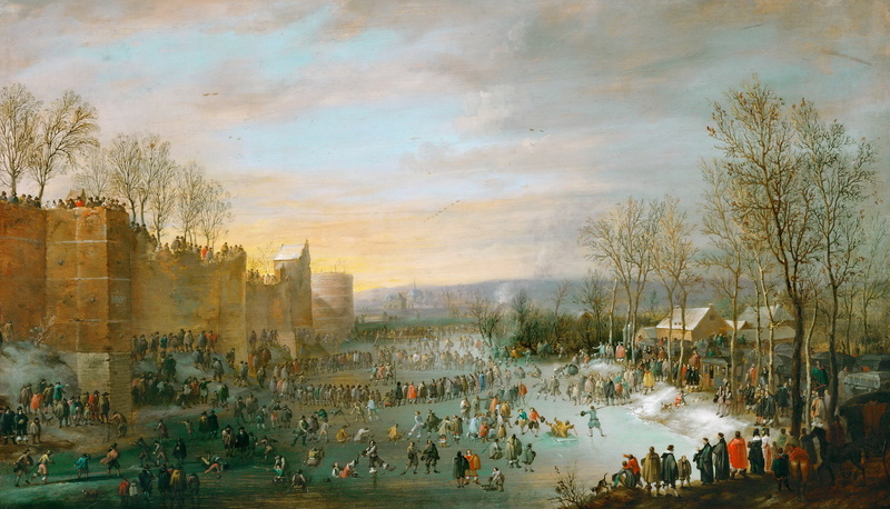 landscape, Robert van den Hoecke, riding, picture, the city, 2K, winter, Skating in the Town Moat of Brussels, people