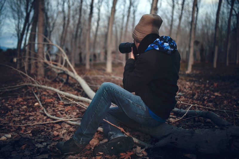 forest, person, warm clothing, landscape, photographer, plant, fall, wear, 1080P, real people, sitting, adult, casual clothing, fashion, nature, rear view