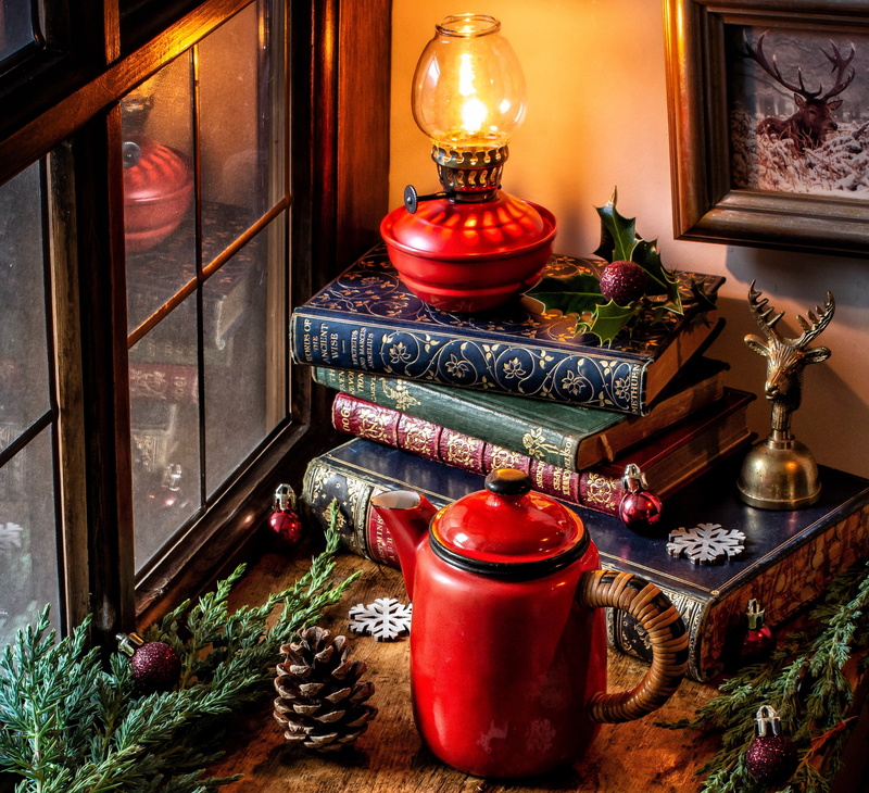 2K, window, snowflakes, lamp, bump, kettle, balls, Christmas, books, branches