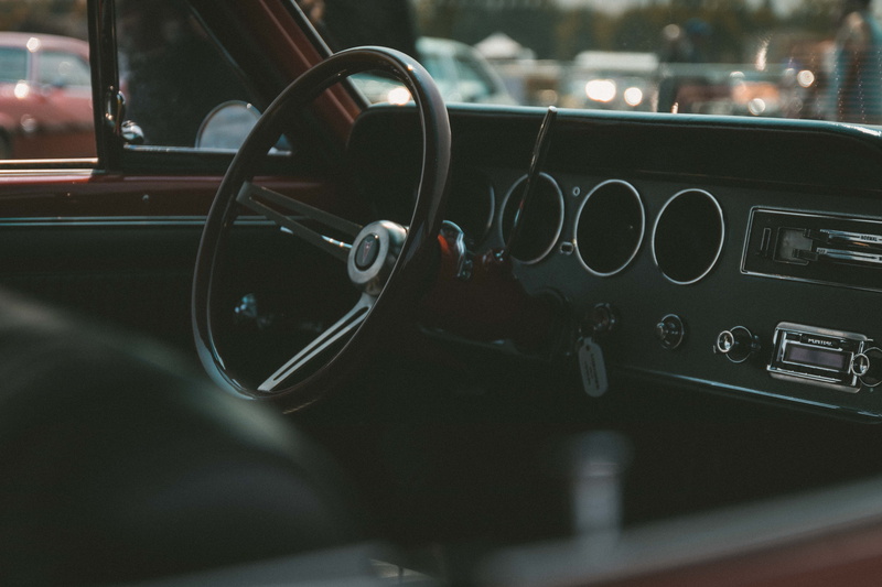 black, windshield, close, selective focus, vehicle, vintage car, retro styled, car interior, control panel, vehicle interior, steering, indoors, motor vehicle