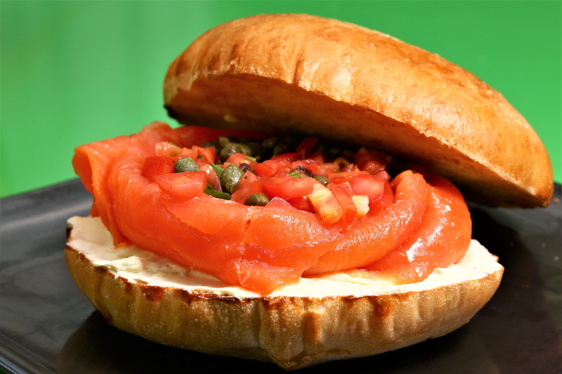 meal, bun, indoors, temptation, close-up, focus on foreground, snack, serving size, breakfast, quick meal, nutrition, salmon cream cheese sandwich, caper