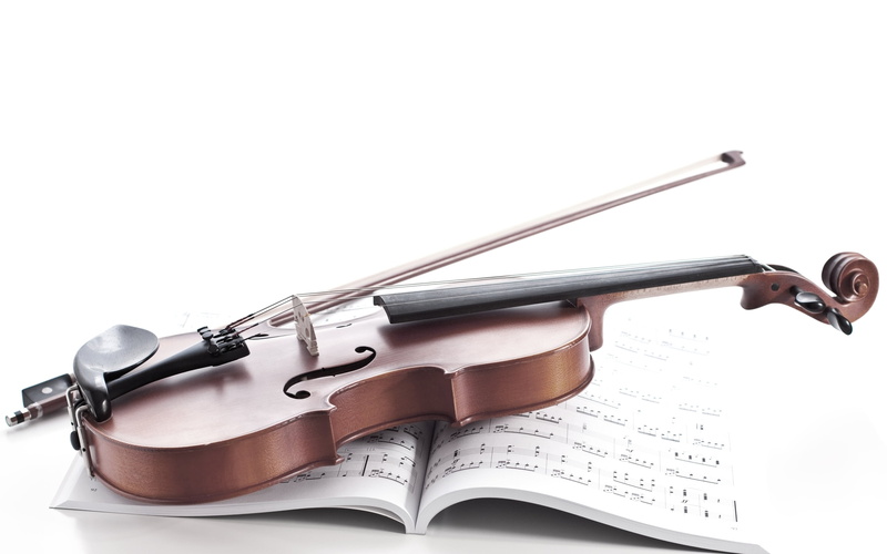 arts culture and entertainment, brown, notebook, bow - musical equipment, paper, wood - material, sheet music, white background, white, bow, string instrument