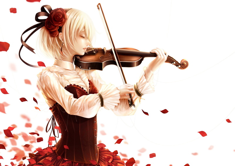 indoors, white color, females, one person, Petal, blond hair, string instrument, playing, real people, Original, Violin, music, arts culture and entertainment