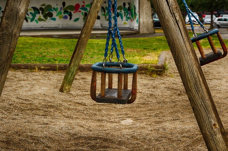 empty, grass, tire, plant, wood - material, outdoors, chain, nature, land, park - man made space, tree, park, day, 5K, rope, childhood, playground, absence