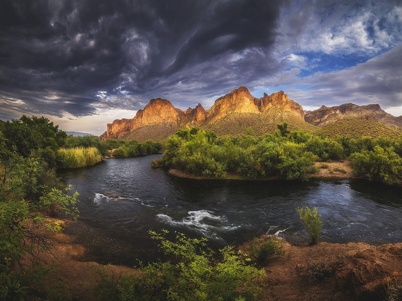 river, landscape, nature, storm, mountains, 480P, sunset, trees, Arizona, sky, shrubs, clouds