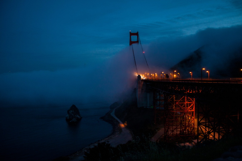 water, no people, ocean view, factory, industry, illuminated, san francisco, 5K, golden gate bridge, ocean, motion, light, land, bridge, foggy, dusk, car