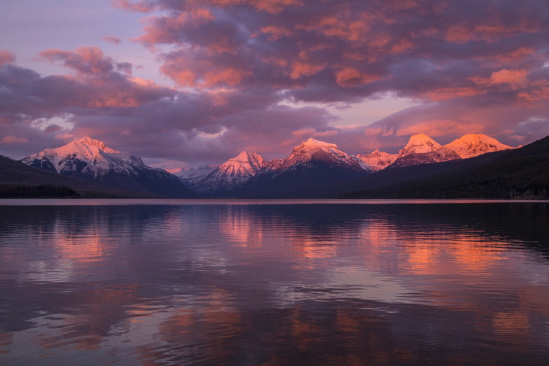 scenics - nature, mountain, dusk, idyllic, sunset, tranquil scene, mountains, cloud - sky, environment, lake mcdonald, clouds, evening, peaks, remote, landscape