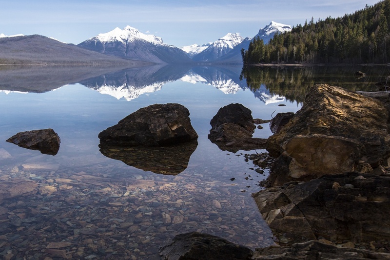 reflection, waterfront, shallow, 1080P, montana, glacier, scenic, tranquil scene, national park, lake mcdonald, no people, tree, sky, rocks, nature, park