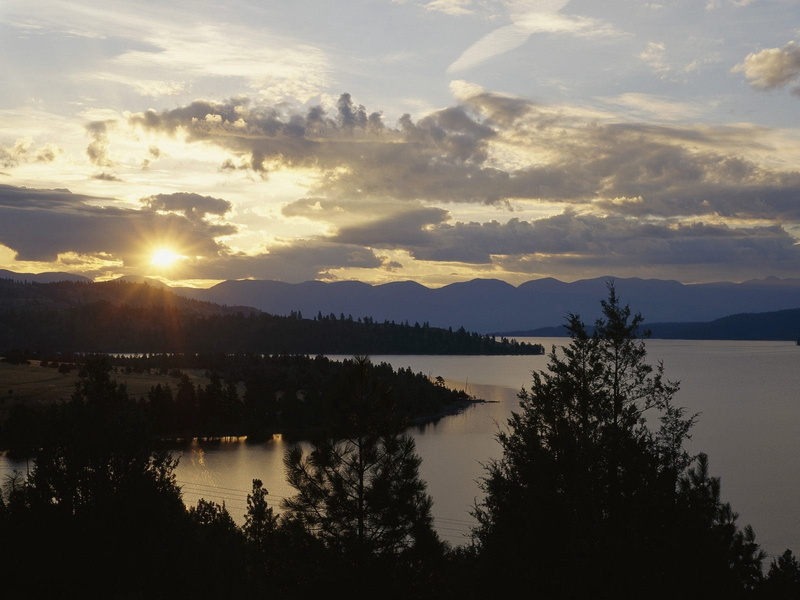 no People, summer, forest, morning, cloud - Sky, sunlight, flathead lake, scenics - nature, sunrise - Dawn, decline, water, nature, tranquility, wild horse island