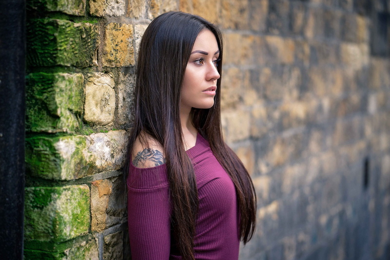 looking away, Pavlina, depth of field, brunette, portrait, wall, tattoo, 1080P, women, long hair, straight hair, bricks