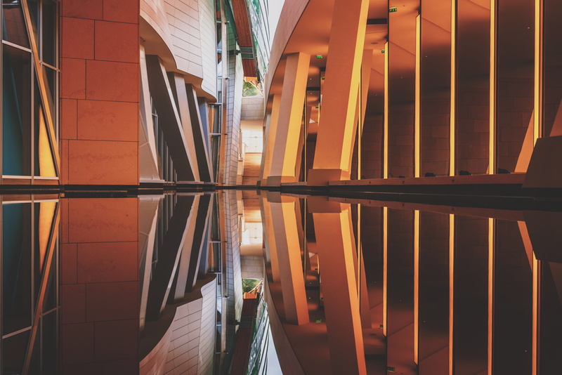 architecture, fondation louis vuitton, design, orange, no people, column, close-up, olafur eliasson, full frame, mirror, shelf, day, in a row, yellow, symetry