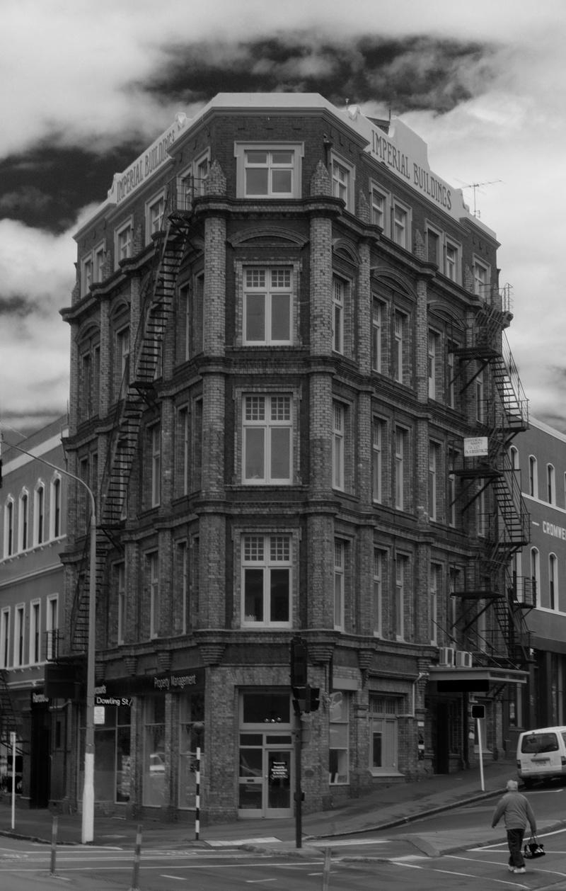 black and white, street, built structure, building exterior, cloud - sky, residential district, clouds, architecture, living, day, road, new zealand, sky