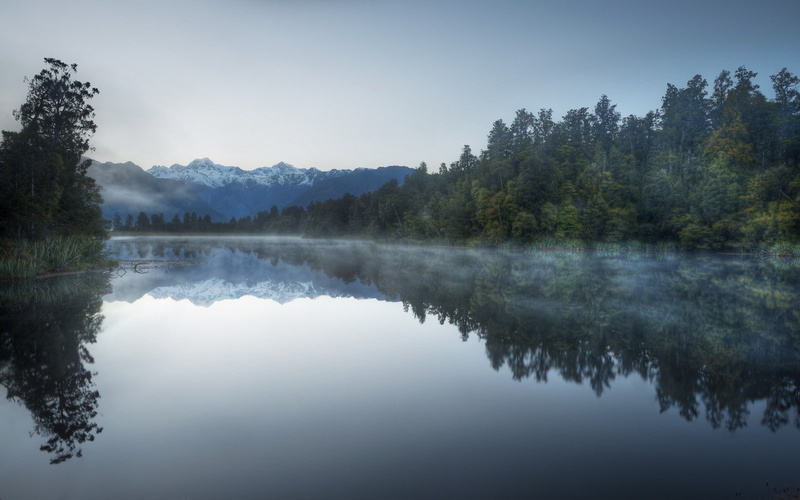 sky, tree, idyllic, day, 720P, scenics - nature, lake, symmetry, snowy peak, calm, no people, New Zealand, nature, non-urban scene, tranquil scene, fog