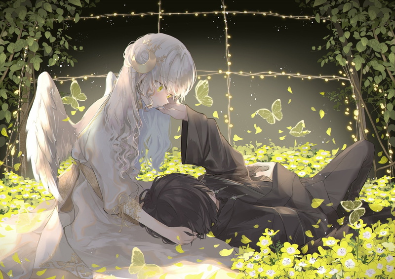 Angel, Anime, Yellow Flower, Wings, Couple, 1080P, Romantic, Lying Down, Original