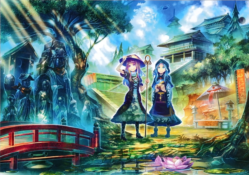 hat, scan, houjuu, building, nue, rumia, touhou, eyes, dress, unzan, sky, stairs, purple, clouds, 2K, umbrella, hair, staff, flowers, zounose, water, tree