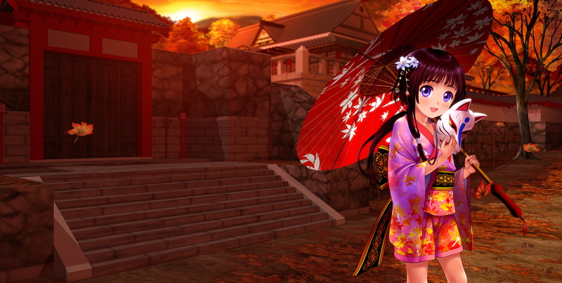 eyes, umbrella, tree, original, clothes, mask, autumn, jpeg, long, sunset, hair, black, purple, blue, building, moonknives, japanese, 5K, leaves, artifacts