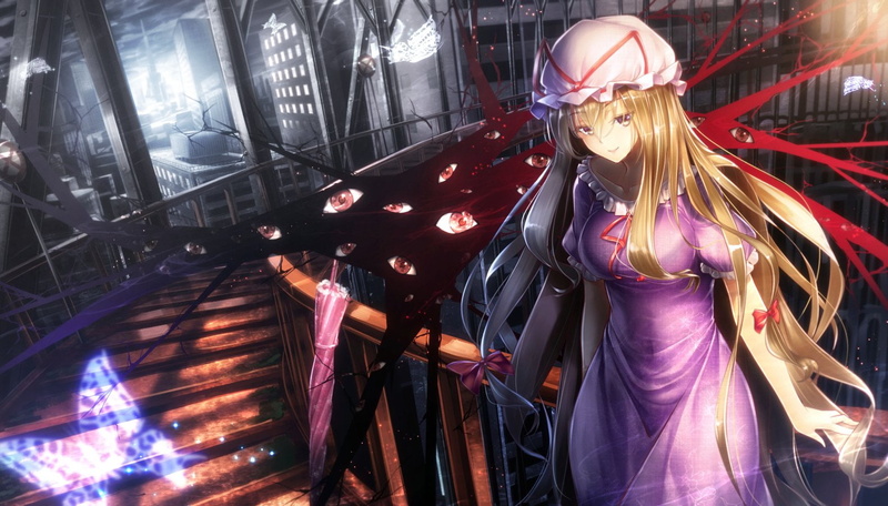 butterfly, touhou, hair, magic, blonde, yakumo, long, building, eyes, dress, stairs, hat, city, yellow, ryosios, umbrella, yukari, bow, 720P