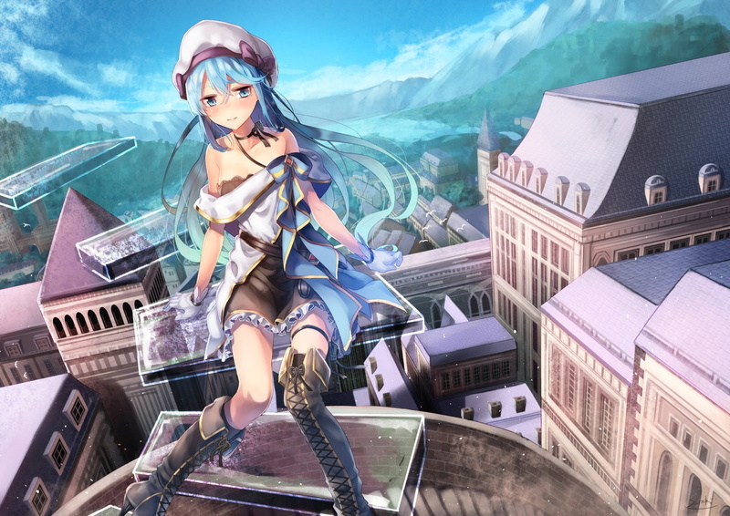 kneehighs, original, clouds, building, ribbons, scenic, 720P, stairs, konachan, com, dress, 241003, bow, boots, aqua, gloves, eyes, city, saraki, sky