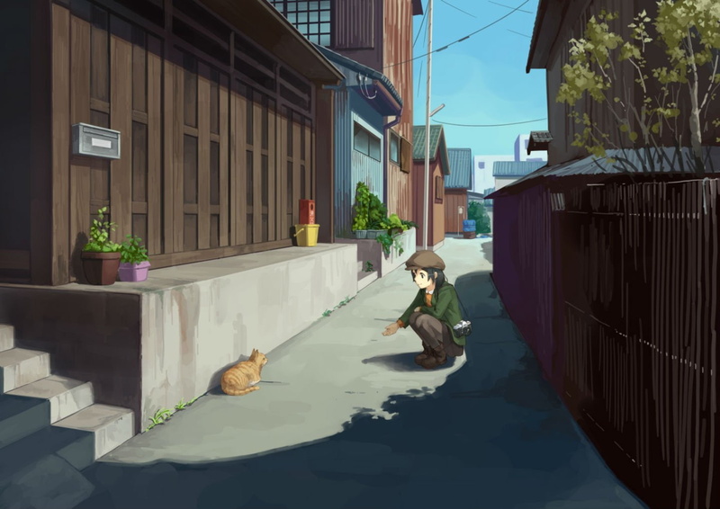 black, original, skirt, animal, scenic, building, cat, hair, short, 720P, stairs, eichisu, boots, hat, eyes, camera