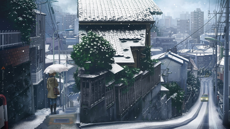 city, car, konachan, 244554, scenic, com, stairs, kusakabe, snow, brown, winter, 1080P, hair, umbrella, artifacts, jpeg, original, building, signed, boots