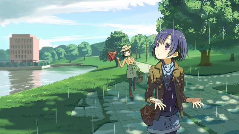 rain, 250748, building, shiragiku, umbrella, park, grass, idolmaster, (artist), hotaru, kako, hat, water, 2girls, takafuji, 1080P, scenic, shade, tagme