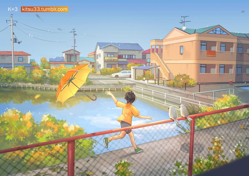 water, animal, 238699, watermark, reflection, shorts, konachan, scenic, bird, com, cat, city, umbrella, short, 720P, building, original, hair, black, kitsu+3