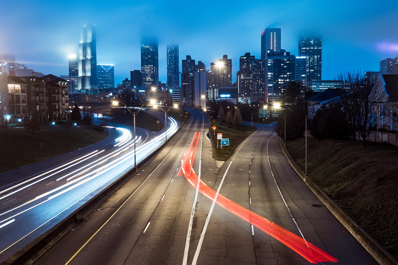building, outdoors, road, traffic, foggy, long exposure, city life, transportation, ahead, red, modern, multiple lane highway, lights, sky, nighttime, way