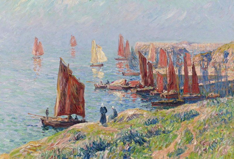 rocks, sea, sail, Returning of the Boats, Henri Moret, picture, the sky, people, landscape, boats, 1080P