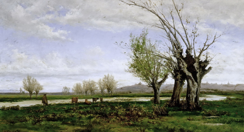 Bank of the Manzanares river, Aureliano de Beruete and Moret, 1080P, cow, shepherd, tree, river, picture, autumn, landscape