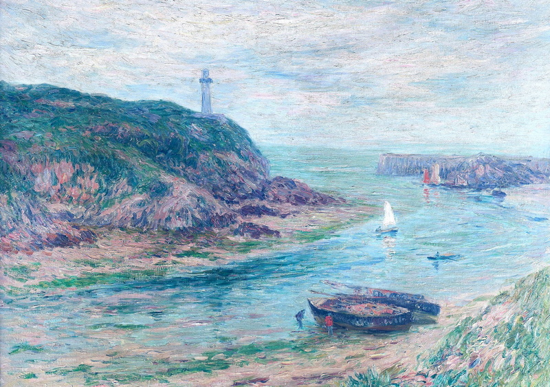 Clohars-Carnoët, tide, lighthouse, picture, Henri Moret, sail, sea, landscape, Bay, rock, boat, 1080P
