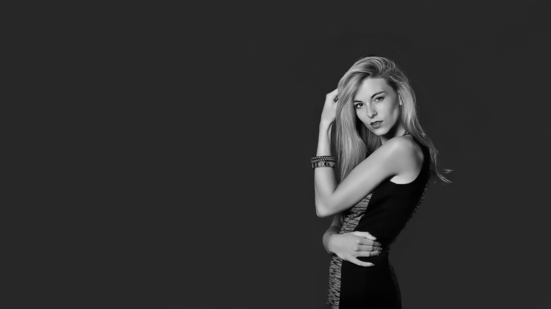 hairstyle, teenager, young adult, emotion, women, indoors, chlo roy monochrome blonde looking at viewer brown eyes long hair sensual gaze bare shoulders hands in hair open mouth hands on hips women juicy lips