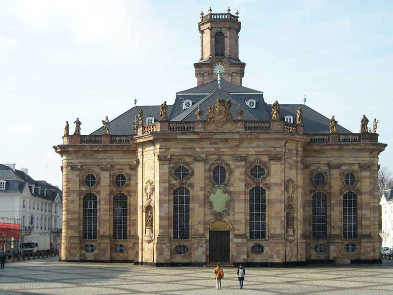 history, travel, entrance, saarbrücken, europe, ornate, facade, building exterior, street, ludwigskirche, one person, architecture, tourism, germany, sky