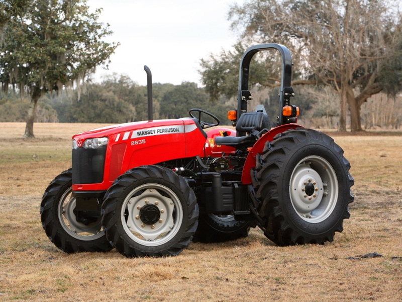 agriculture, land, Vehicles, transportation, 720P, day, red, land vehicle, stationary, field, mode of transportation, wheel, no people, plant, tractor